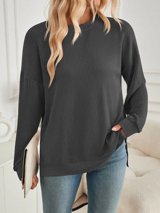 Sammie Slit Round Neck Long Sleeve Sweatshirt  -Ships 8/30