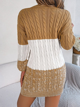 Cable-Knit Round Neck Color Block Sweater Dress - Ships 10/2