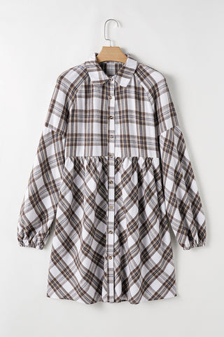 Full Size Plaid Collared Neck Balloon Sleeve Mini Shirt Dress - Ships 11/15