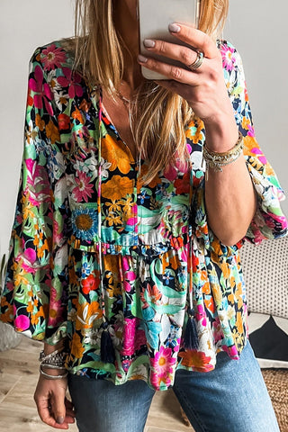 Floral Tie Neck Balloon Sleeve Blouse- Ships 2/1