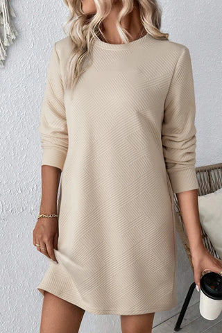 Textured Round Neck Long Sleeve Mini Dress - Ships 9/20