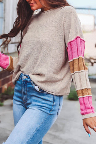 Color Block Round Neck Long Sleeve  Sweater -Ships 1/6