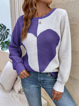 Contrast Heart Round Neck Long Sleeve Sweater - Ships 12/22