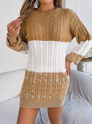 Cable-Knit Round Neck Color Block Sweater Dress - Ships 10/2