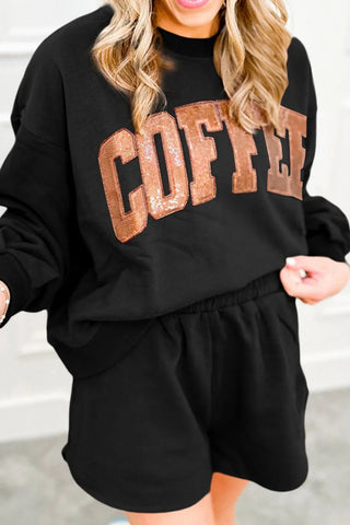 COFFEE Sequin Round Neck Long Sleeve Top and Shorts Set -Ships 9/22