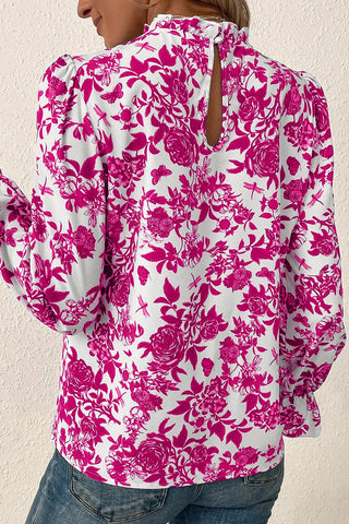 Printed Mock Neck Flounce Sleeve Blouse - ships 10/10