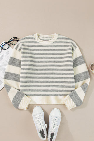 Striped Round Neck Dropped Shoulder Sweater - Ships 11/28