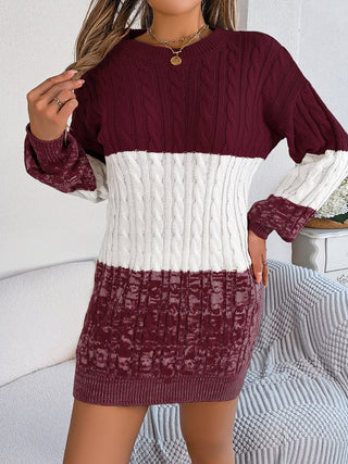 Cable-Knit Round Neck Color Block Sweater Dress - Ships 10/2