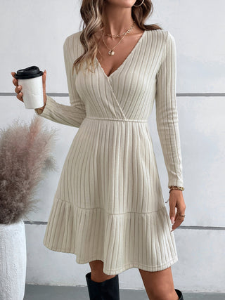 Ruffle Hem Surplice Long Sleeve Dress - Ships 9/20