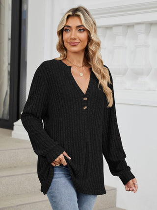 Mindy Ribbed Notched Long Sleeve T-Shirt -Ships 8/24