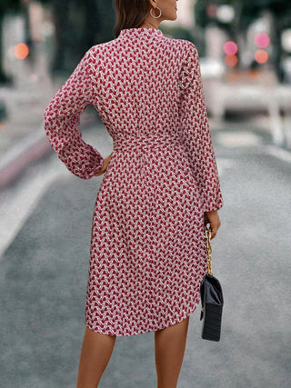 Tied Printed Notched Balloon Sleeve Dress -Ship 10/12