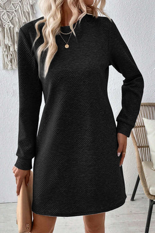 Textured Round Neck Long Sleeve Mini Dress - Ships 9/20