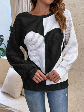 Contrast Heart Round Neck Long Sleeve Sweater - Ships 12/22