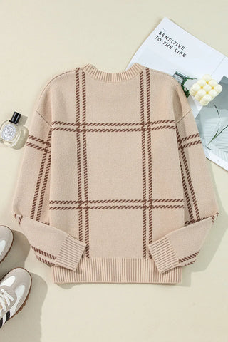 Plaid Round Neck Dropped Shoulder Sweater -Ships 10/10