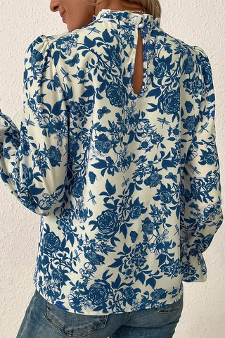 Printed Mock Neck Flounce Sleeve Blouse - ships 10/10