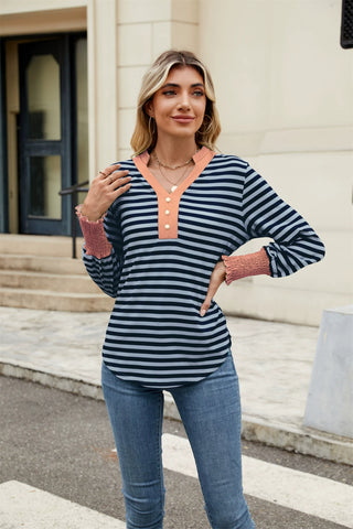 Contrast Striped Notched Long Sleeve Top-   Ships 1/25