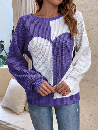 Contrast Heart Round Neck Long Sleeve Sweater - Ships 12/22