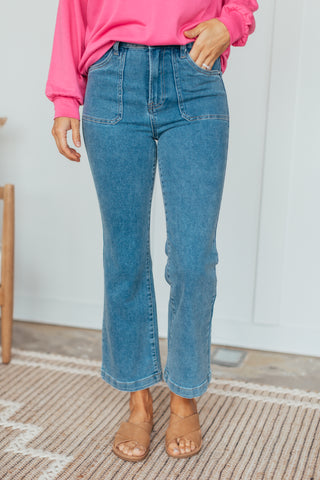 RISEN Front Patch Ankle Flare Jeans
