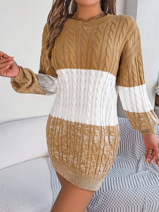 Cable-Knit Round Neck Color Block Sweater Dress - Ships 10/2