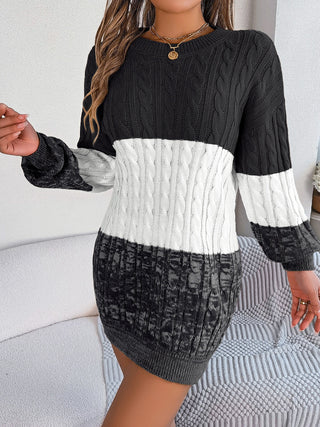 Cable-Knit Round Neck Color Block Sweater Dress - Ships 10/2