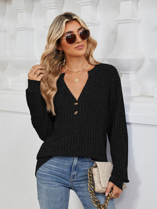 Mindy Ribbed Notched Long Sleeve T-Shirt -Ships 8/24