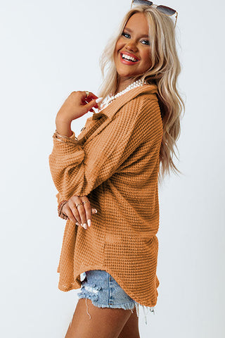 Waffle-Knit Collared Neck Long Sleeve Shirt -Ships 12/5