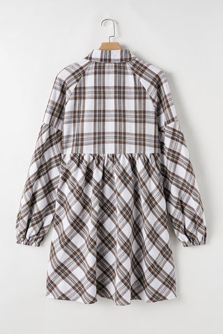 Full Size Plaid Collared Neck Balloon Sleeve Mini Shirt Dress - Ships 11/15