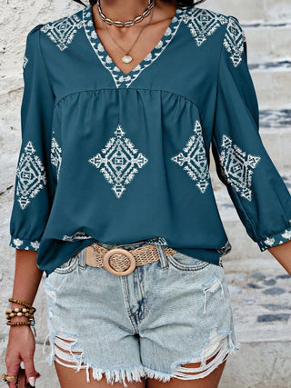 Sedona V-Neck Three-Quarter Sleeve Blouse - Will Ship 8/24