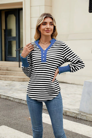 Contrast Striped Notched Long Sleeve Top-   Ships 1/25