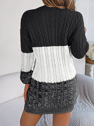 Cable-Knit Round Neck Color Block Sweater Dress - Ships 10/2