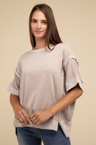 ZEN Contrast Trim Top Stitching Drop Shoulder Top