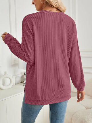 Sammie Slit Round Neck Long Sleeve Sweatshirt  -Ships 8/30