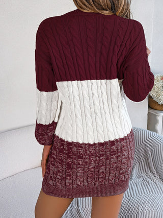 Cable-Knit Round Neck Color Block Sweater Dress - Ships 10/2