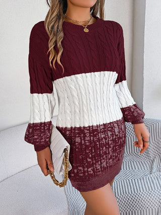 Cable-Knit Round Neck Color Block Sweater Dress - Ships 10/2