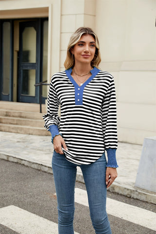 Contrast Striped Notched Long Sleeve Top-   Ships 1/25