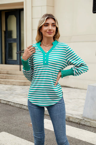 Contrast Striped Notched Long Sleeve Top-   Ships 1/25