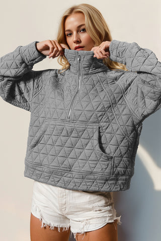 Double Take Half Zip Long Sleeve Quilted Sweatshirt with Pocket -Ships 11/9