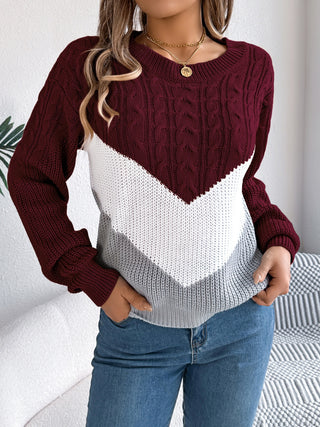 Cable-Knit Color Block Round Neck Sweater - Ships 10/25