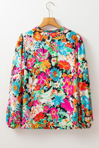 Floral Tie Neck Balloon Sleeve Blouse- Ships 2/1