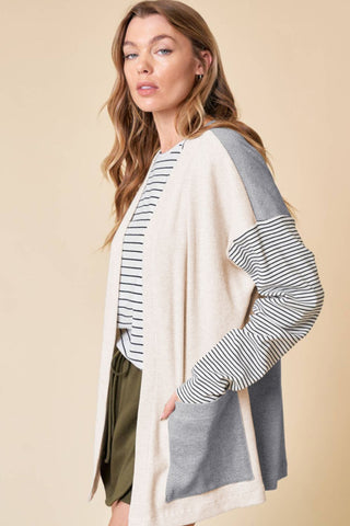 Open Front Long Sleeve Striped Cardigan with Pockets -Ships 11/13