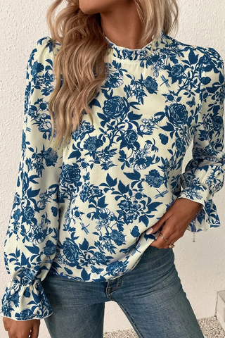 Printed Mock Neck Flounce Sleeve Blouse - ships 10/10