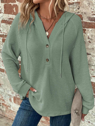 Waffle Knit Long Sleeve Drawstring Hooded Top -Ships 12/14