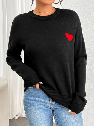 Heart Round Neck Long Sleeve Sweater - Ships 1/10