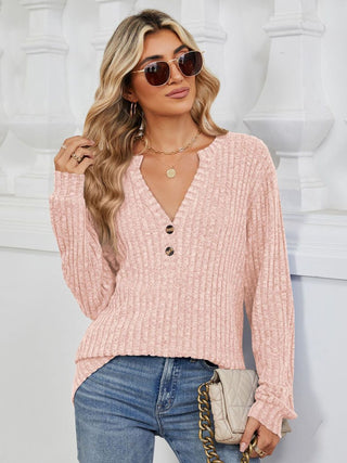 Mindy Ribbed Notched Long Sleeve T-Shirt -Ships 8/24