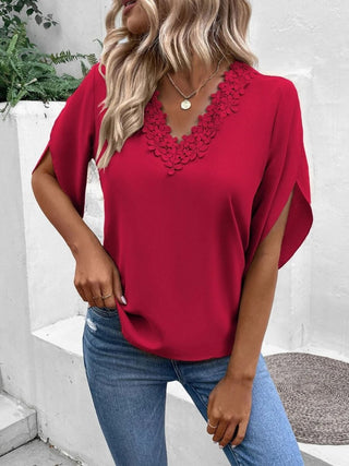 Lace Detail V-Neck Half Sleeve Blouse - Ships 1/24