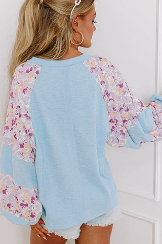 Printed Round Neck Balloon Sleeve Sweatshirt- Ships 1/23