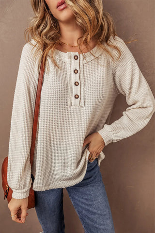 Waffle-Knit Half Button Round Neck Long Sleeve Top -Ships 9/15