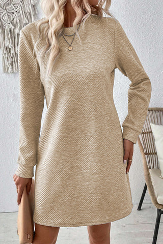 Textured Round Neck Long Sleeve Mini Dress - Ships 9/20