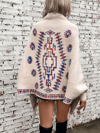 Fringe Geometric Open Front Long Sleeve Cape - Ships 12/5