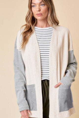 Open Front Long Sleeve Striped Cardigan with Pockets -Ships 11/13